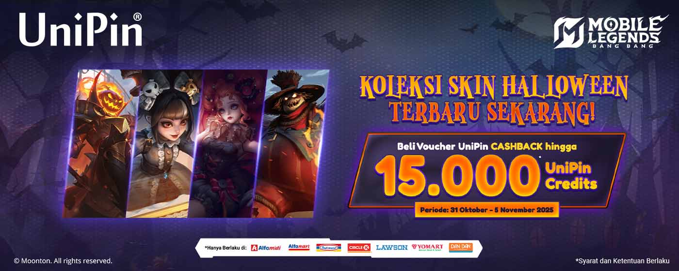 Beli Voucher UniPin Untuk Top Up Diamonds dan Dapatkan Skin Halloween + Cashback hingga 15.000 UniPin Credits